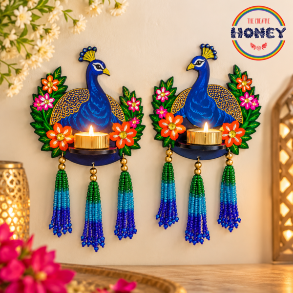 Handcrafted Peacock Tealight Holder Pair with Hanging Tassels