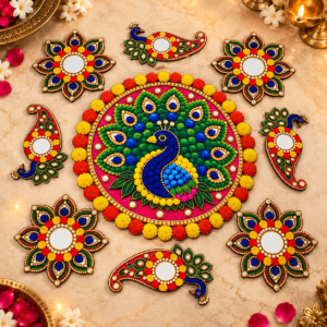peacock rangoli diwali decor flat lay