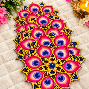 vibrant peacock rangoli and diya display