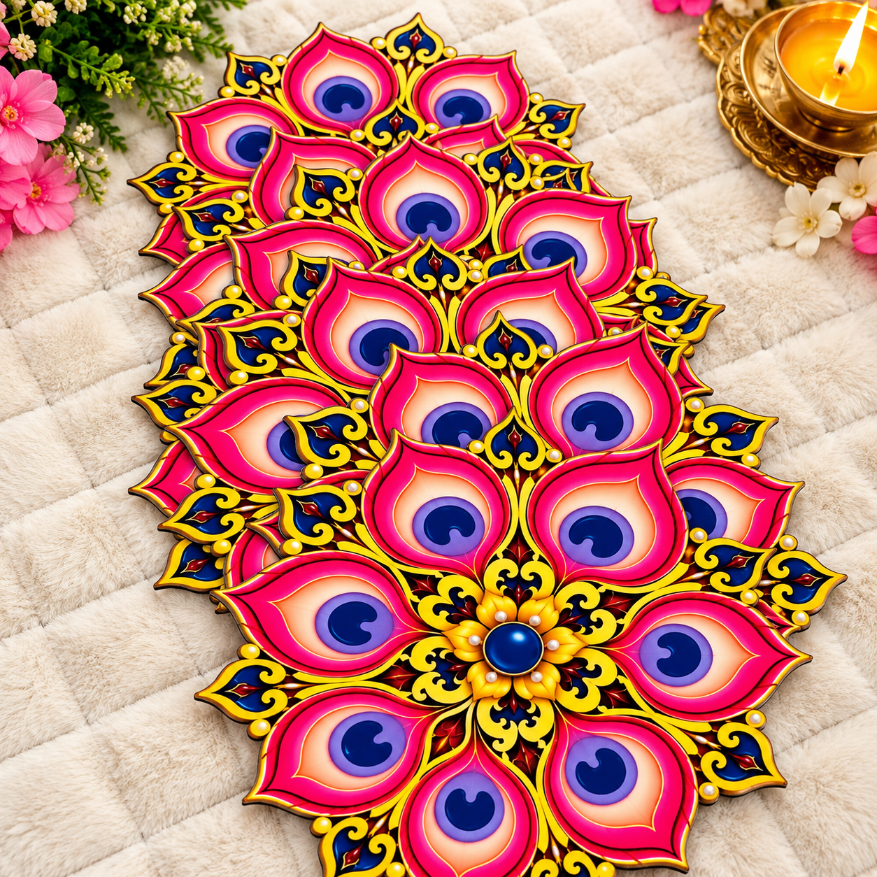vibrant peacock rangoli and diya display vibrant peacock rangoli and diya display